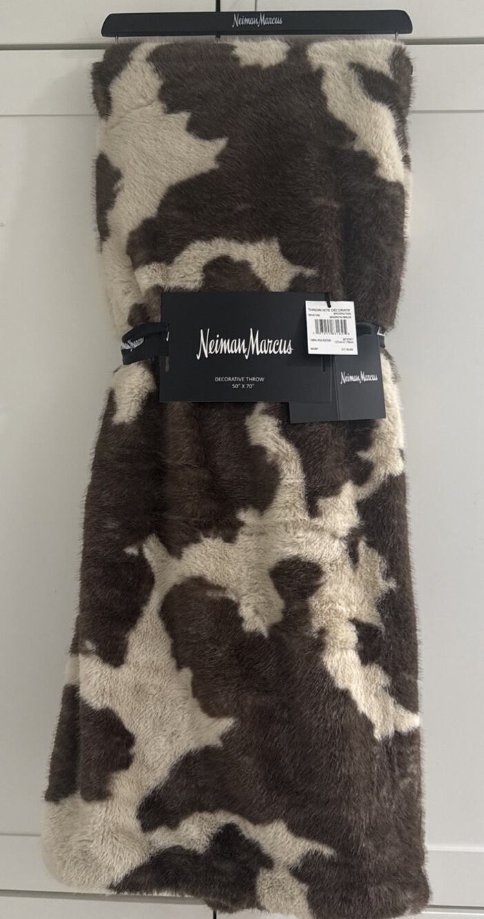 NEIMAN MARCUS Luxury COWHIDE Design Faux Mink Fur Throw Blanket NEW WITH TAGS